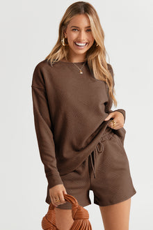  Brown Textured Long Sleeve Top And Drawstring Shorts Set