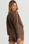 Brown Textured Long Sleeve Top And Drawstring Shorts Set