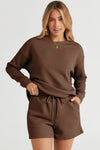 Brown Textured Long Sleeve Top And Drawstring Shorts Set