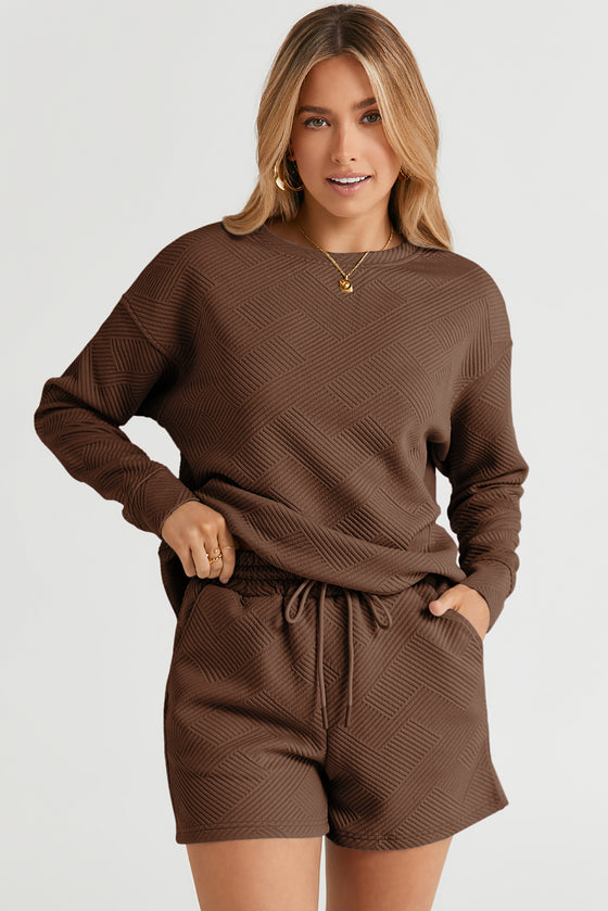 Brown Textured Long Sleeve Top And Drawstring Shorts Set