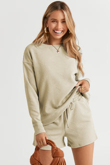  Apricot Textured Long Sleeve Top And Drawstring Shorts Set