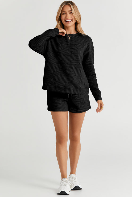 Black Textured Long Sleeve Top And Drawstring Shorts Set