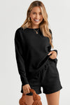 Black Textured Long Sleeve Top And Drawstring Shorts Set