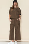 Brown Textured Loose Fit T Shirt And Drawstring Pants Set
