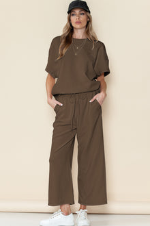  Brown Textured Loose Fit T Shirt And Drawstring Pants Set