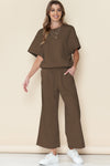 Brown Textured Loose Fit T Shirt And Drawstring Pants Set
