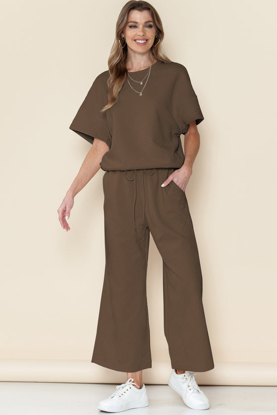 Brown Textured Loose Fit T Shirt And Drawstring Pants Set