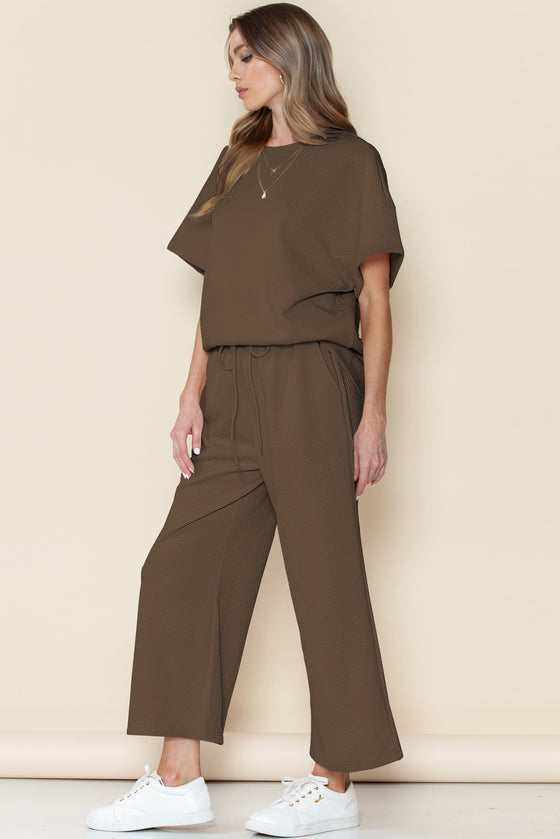 Brown Textured Loose Fit T Shirt And Drawstring Pants Set