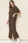 Brown Textured Loose Fit T Shirt And Drawstring Pants Set
