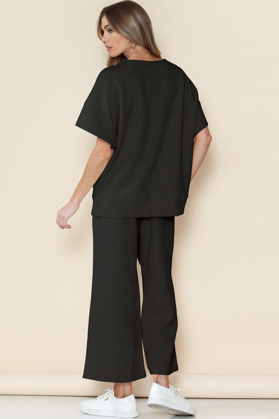 Black Textured Loose Fit T Shirt And Drawstring Pants Set