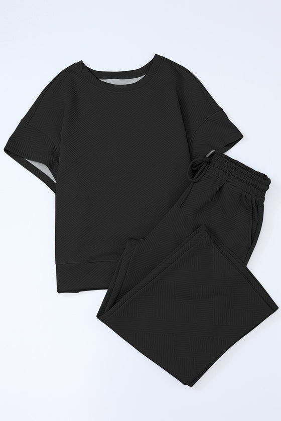 Black Textured Loose Fit T Shirt And Drawstring Pants Set