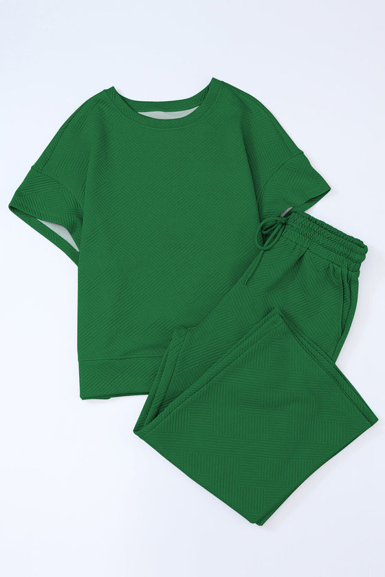Dark Green Textured Loose Fit T Shirt And Drawstring Pants Set
