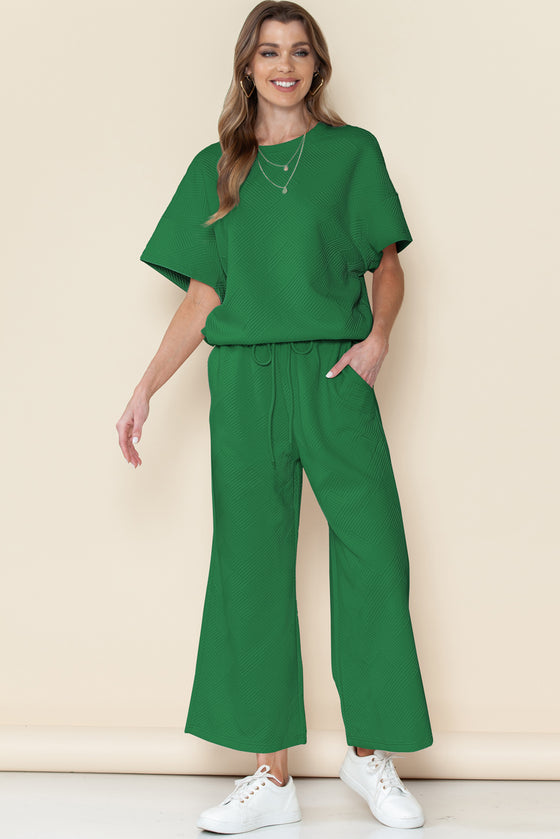 Dark Green Textured Loose Fit T Shirt And Drawstring Pants Set