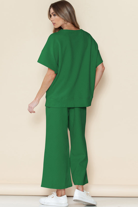 Dark Green Textured Loose Fit T Shirt And Drawstring Pants Set