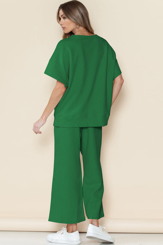 Dark Green Textured Loose Fit T Shirt And Drawstring Pants Set