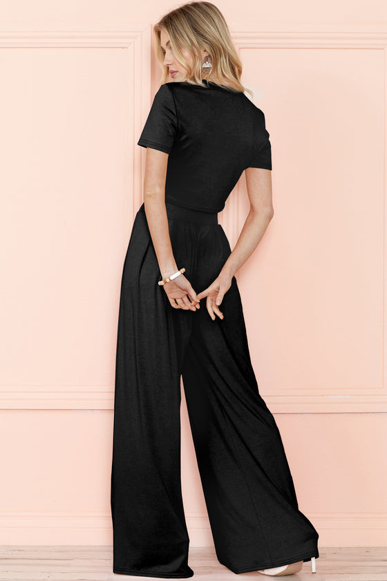 Slim Fit Crop Top and Pleated Wide Leg Pants Set