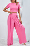 Slim Fit Crop Top and Pleated Wide Leg Pants Set