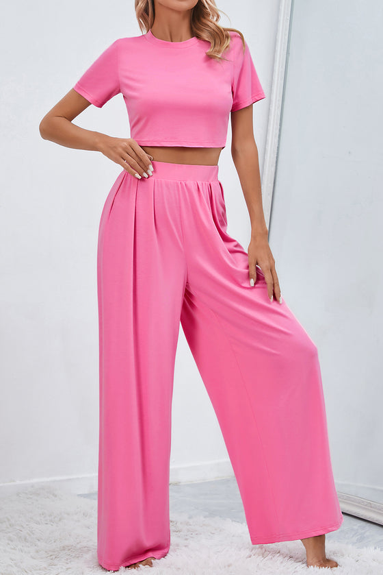 Slim Fit Crop Top and Pleated Wide Leg Pants Set
