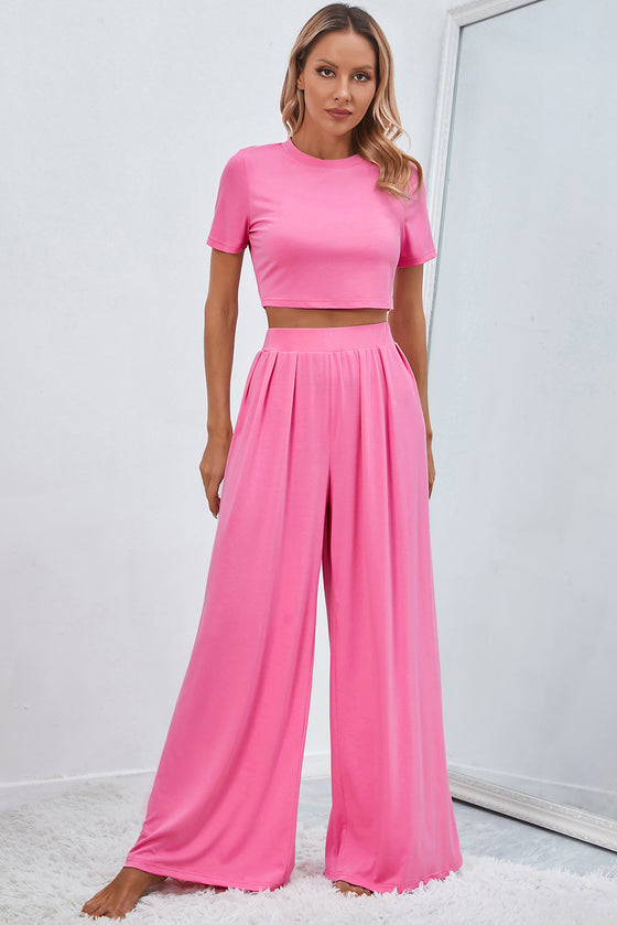 Slim Fit Crop Top and Pleated Wide Leg Pants Set