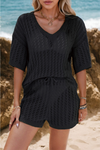 Knit Crochet Eyelets Short Sleeve Top and Shorts Set