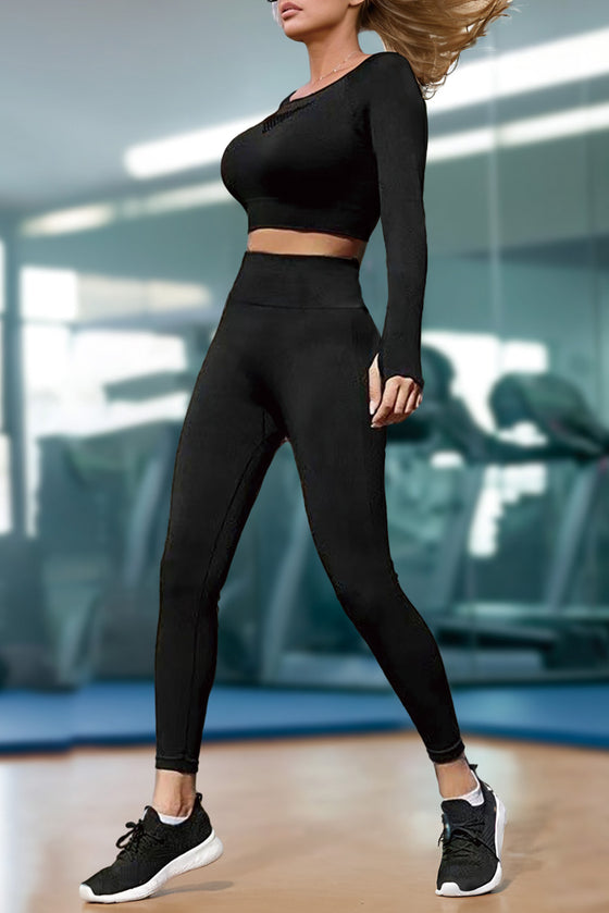 Solid Color Long Sleeve Crop Top Leggings Yoga Sports Set